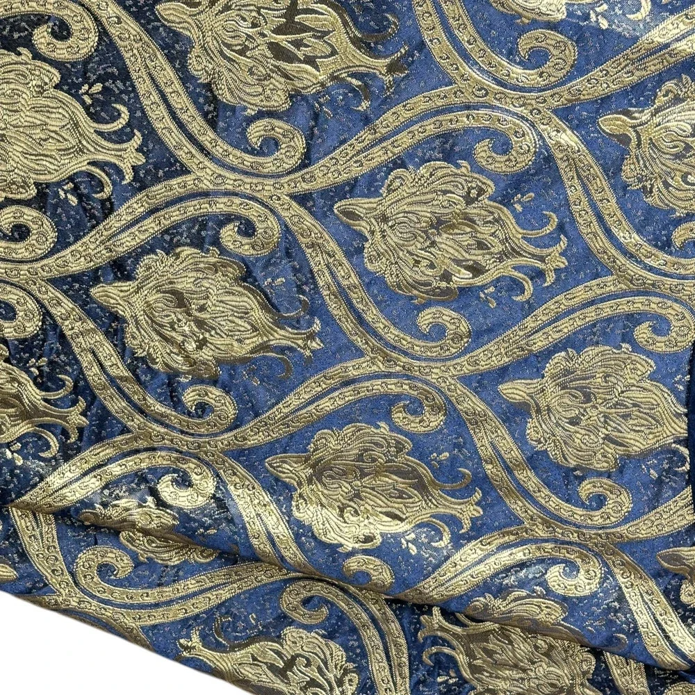 Single Gold Blue Jacuard Curtain Panel Damask Printed Attached Valance Luxury